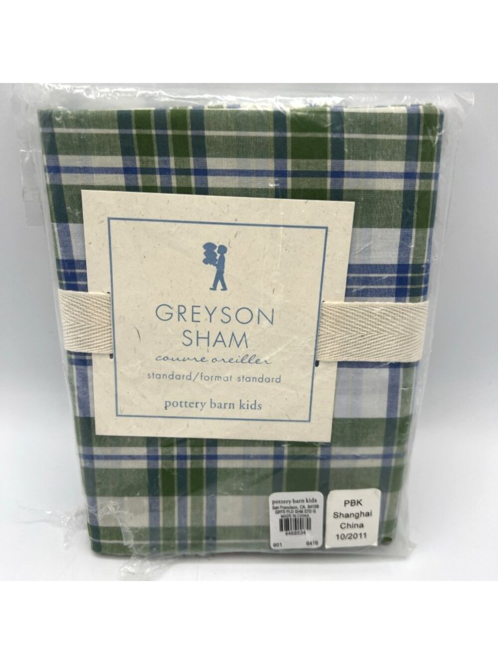 Pottery Barn Kids Greyson Sham Blue Green Plaid Cotton Standard